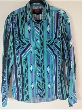 Rock & Roll Denim Dale Brisby Aztec Snap Shirt Blue Green Western Men’s